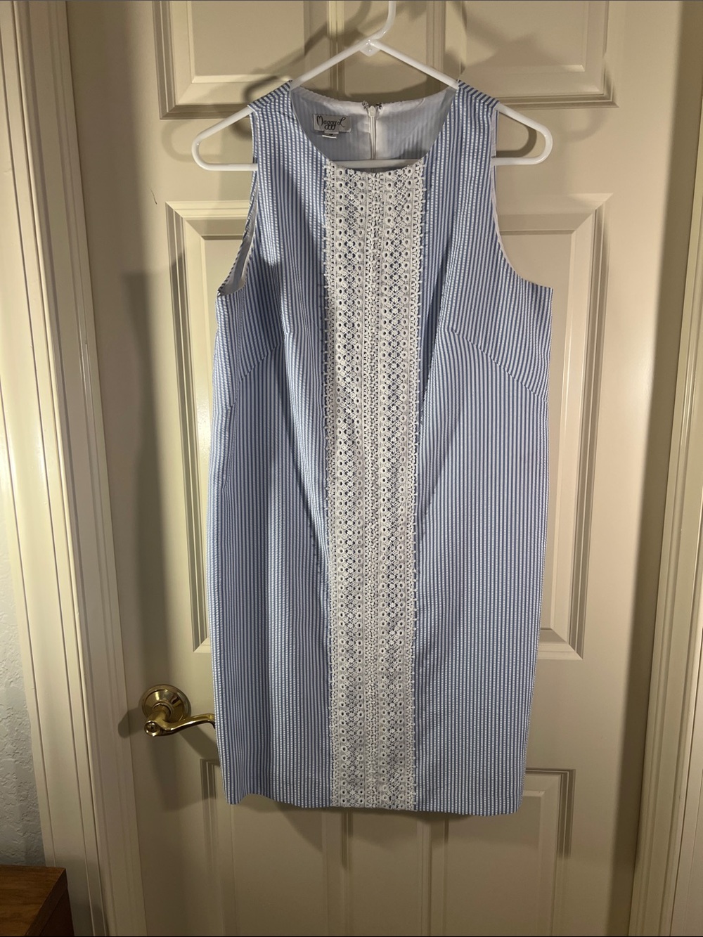 Sleeveless Light Blue Striped Midi Dress with White Lace Panel
